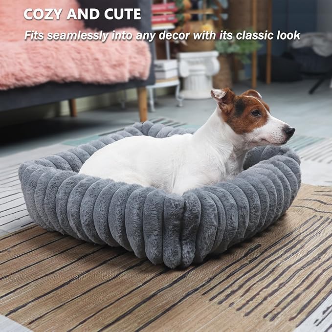 Rectangle Dog Bed for Small Dogs Washable Furry Puppy Beds,Orthopedic Soft Calming Warming Sleeping Cat Bed with Sides,Cozy Corduroy Fleece Square Pet Beds for Large Cat and Puppy,Warm Grey 20x19 Inch