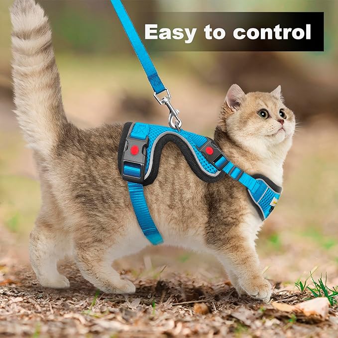 MingXpets Cat Harness and Leash for Walking, Retractable Cat Harnesses and Leash Set Escape Proof, Breathable Soft Kitten Small Large Harness for Travel Training and Walking, Blue, M