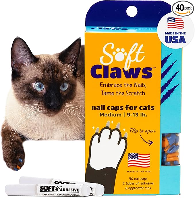 Soft Claws Cat Nail Caps for Medium Cats – (40 Caps, Blue & Orange) - Made in USA - Veterinarian-Developed | Protects Furniture & Skin - Easy to Apply, Long-Lasting Anti-Scratch Soft Cat Claw Covers