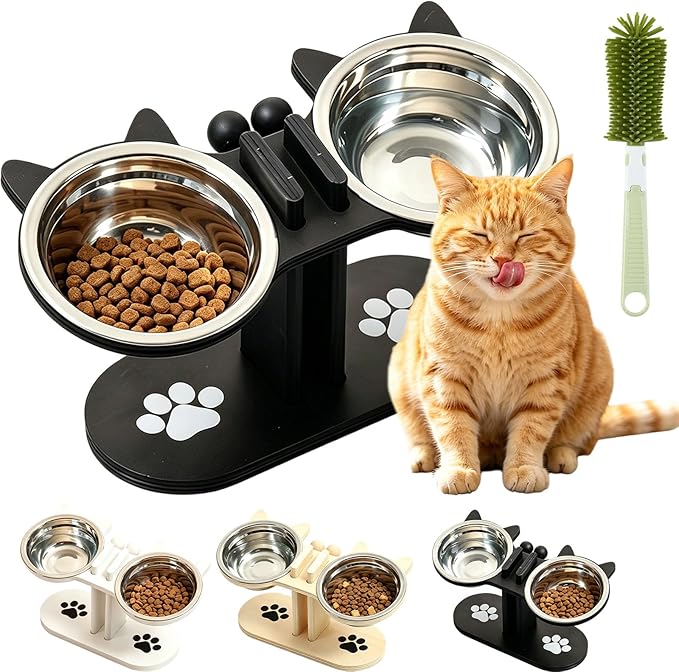 2026 New Anti-Slip Elevated 3-Bowl Pet Feeder, Cat Bowls With Stand Tilted, Stainlesssteel Cat Feeding Station, Ergonomic Elevated Cats Bowls With Wooden Base, Pet Feeding Station For Food & Water (A)