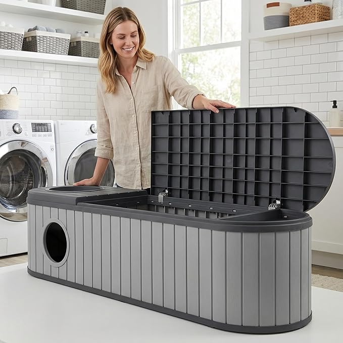 Large Cat Litter Box Enclosure with Hidden Cat Bed, 2-in-1 Resin Cat House Furniture with Flip-Top Lid & Dual-Way Swing Door, Multi-Functional Side Table Bench for Living Room, Easy-Clean Odor Control