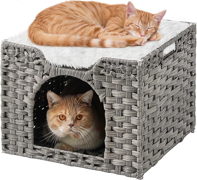 SETVSON Cat Beds Indoor Kitten House, Handwoven Rattan Cat Cave Pet Cube, Large Cat Houses, One Bed Mat, Foldable, Hideaway, 16.5x16.5x13.2 Inches, 2 S-Shaped Hooks in Living Room Bedroom Gray