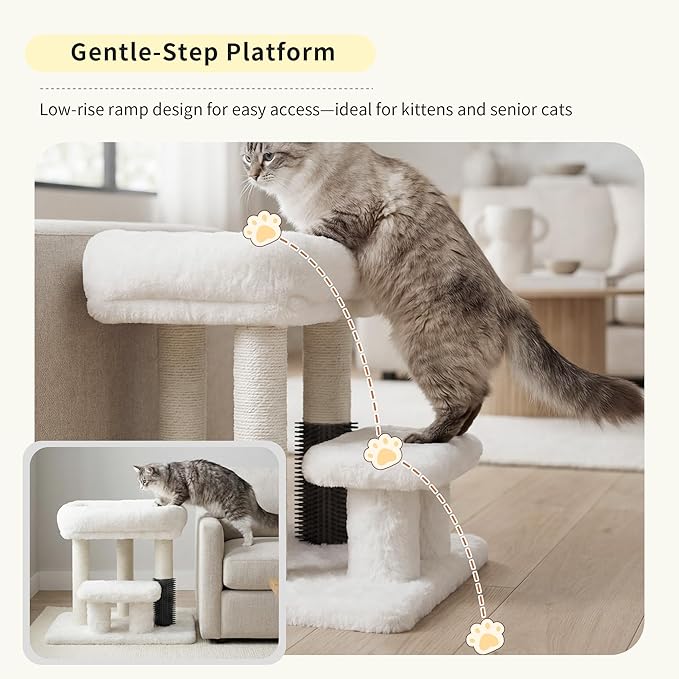 Heybly Cat Scratching Post, Small Cat Tree Tower with 3 Full Sisal Posts, Removable Plush Bed, Grooming Brush, Stable & Space-Saving Cat Furniture with Gentle Step for Indoor Cats, White HSP001SWH