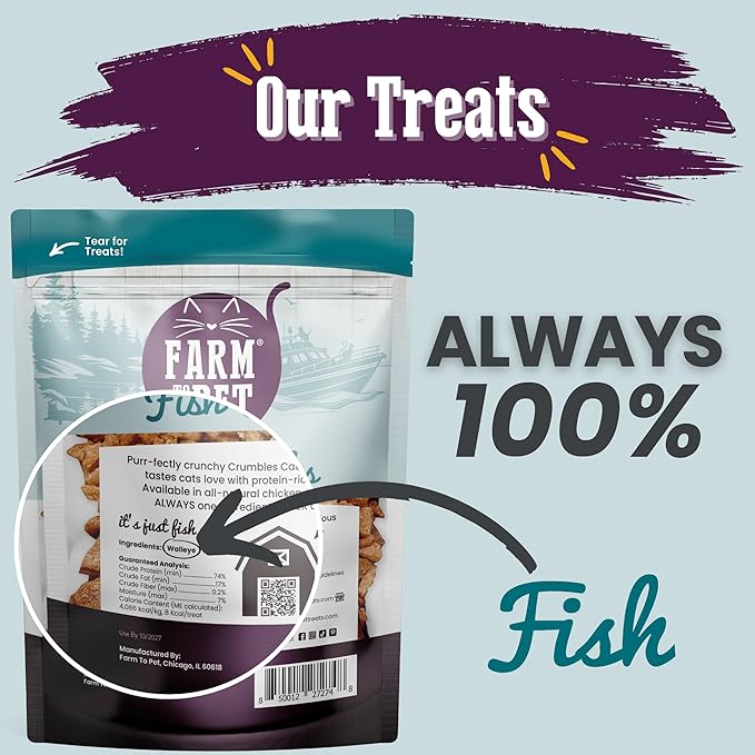 Farm To Pet - Cat Treat Crumbles - 3 oz Single Ingredient Fish Treat and Snacks - Healthy for Indoor Cats and Kitten - Essential Products (Mix with Wet/Dry Food)