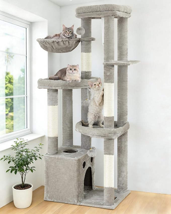 Cat Tree Tower for Indoor Cats, 67 inch Multi-Level Tall Climbing Tower with 3 Large Platform, Scratching Post, Hammock, Kitty Condo for Multiple Cats, Modern Cat Tree Furniture Heavy Duty, Light Grey