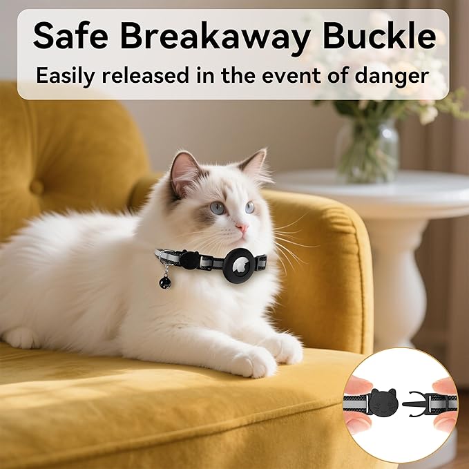 Meliya Airtag Cat Collar Breakaway with Bell, Adjustable Reflective Pet Kitten Collar with Apple Air Tag Holder Case for Girl Boy Cats (Striped Black)