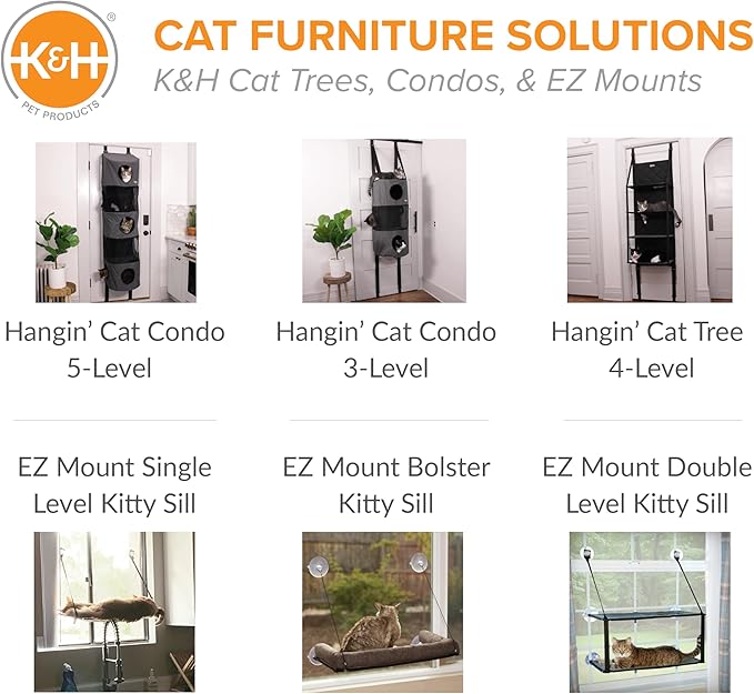 K&H Pet Products Hangin Cat Tree Condo 5 Level Door Mounted Cat Furniture, Space Saving, Mesh Levels, Peep Holes, Interconnecting Levels, Collapsible, Tool-Free Assembly - Gray - Fits Doors <80in H