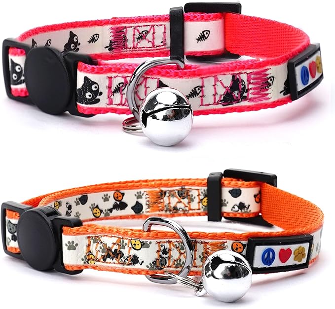 Pawtitas Glow in the Dark Cat Collar with Breakaway Safety Buckle & Bell Adjustable Kitten Collar, Set of 2 GID Pink/Orange