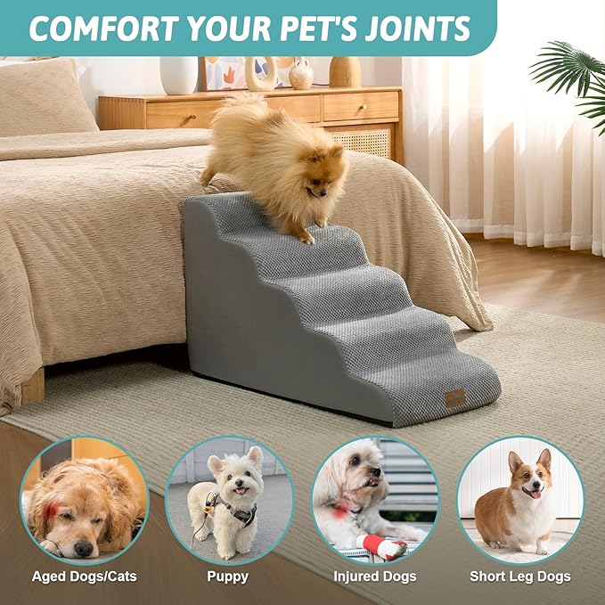 COZY KISS Dog Stairs for Small Dogs 19.7" H, 5-Step Sturdy Foam Dog Steps for Couch, Bed or Sofa, Curved Pet Stairs for Puppy and Older Cat, Doggie Ladder with Washable Cover, 15.7x33x19.7 inch, Gray