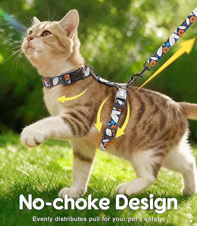 Halypet Cat Harness and Leash Set, Escape Proof 3-in-1 Adjustable Harness for Cats & Kitten, Soft Lightweight, Easy On & Control for Walking, Travel & Outdoor Use, Navy Floral, Medium