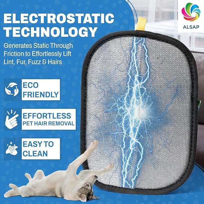 Pet Hair Removal Gloves for Dogs & Cats | Electrostatic Reusable Fur Remover Mitt for Furniture, Carpet & Clothes, Couch Car| Pet Fur Cleaning Tool with Carpet Scraper (Black - 2 Pcs)