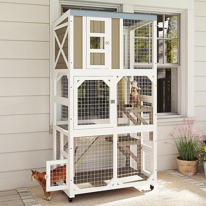 Ketive 64" Large Wooden Catio Outdoor Cat Enclosure, Window Cat House with Wheels & 3 Platforms, Kitty Cage with Weatherproof Roof for Multiple Cats (Gray)