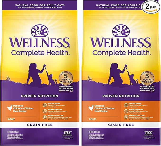 Wellness Natural Pet Food Complete Health Natural Grain Free Deboned Chicken & Chicken Meal Dry Cat Food, 11.5 Pound Bag (Pack of 2)