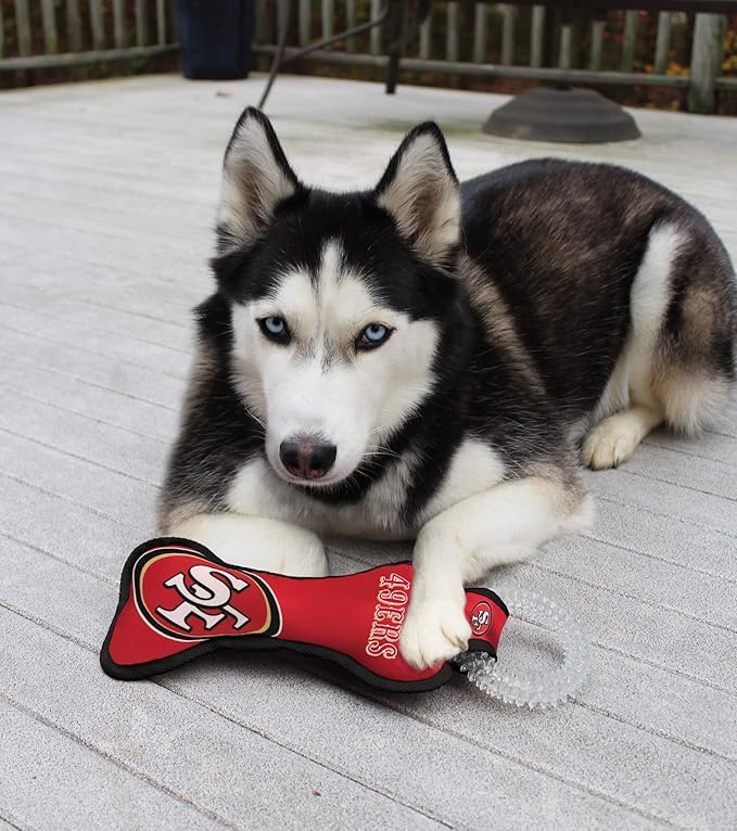Pets First NFL SAN Francisco 49ERS Dental Dog TUG Toy with Squeaker. Tough PET Toy for Healthy Fun, Teething & Cleaning Pet's Teeth & Gum.
