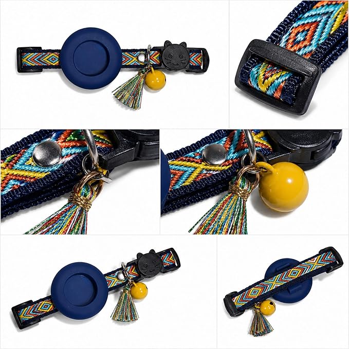 Cat Collar with AirTag Holder – Breakaway Lightweight Woven Cat Collar, Adjustable with Bell for Cats & Kittens (Midnight Rose Set) | Amazegoods