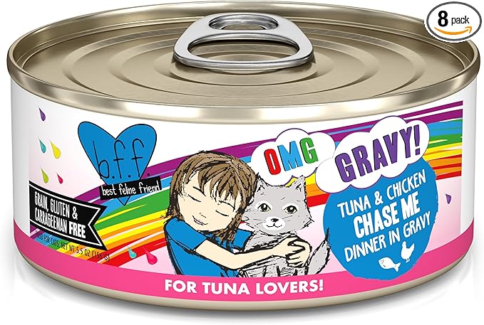 Weruva B.F.F. OMG - Best Feline Friend Oh My Gravy!, Tuna & Chicken Chase Me with Tuna & Chicken, 5.5oz Can (Pack of 8)