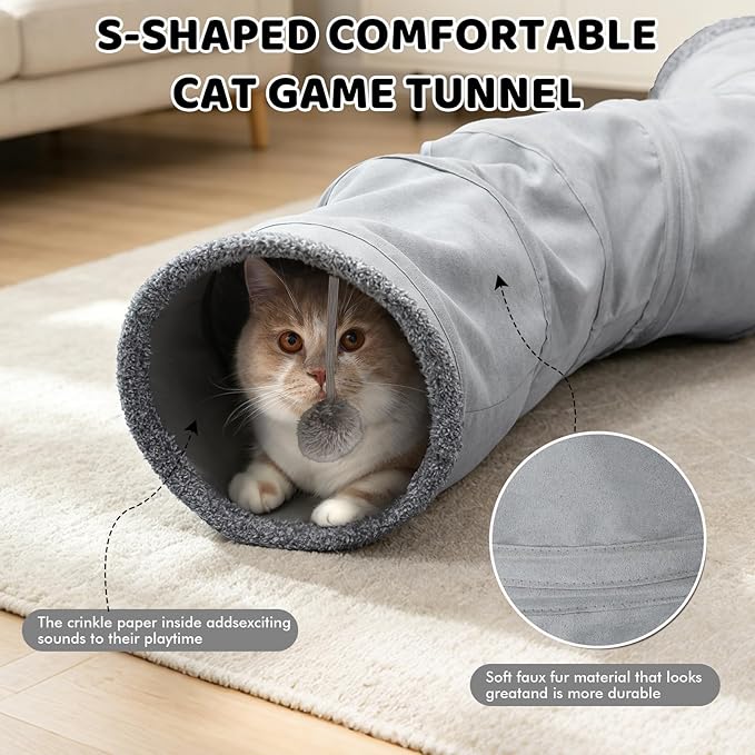XIAPIA Cat Tunnel for Indoor Cats, 6-in-1 Collapsible Crinkle Play Tunnel with Interactive Roller Track Ball, Cat Enrichment Toys for Kittens Rabbits, Exercise Hide & Seek Tube for Indoor Outdoor Play