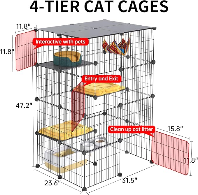 Oneluck 4-Tier Cat Cage for Indoor Cats 47.2-Inch Large Detachable Metal Wire Catio Enclosure Modular DIY Pet Playpen with 3 Platforms and 4 Doors for 1-2 Kittens 31.5 x 23.6 x 47.2 Inches Black