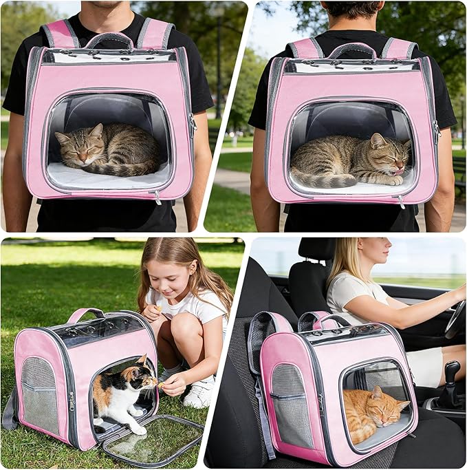 Innovative Traveler Backpack Pet Carriers Cat Backpack with Breathable Mesh Puppy Travel Carrier with Soft Padded Reinforced Support Foldable Small Dog Carrying Backpack for Kitty up to 15lbs (Pink)