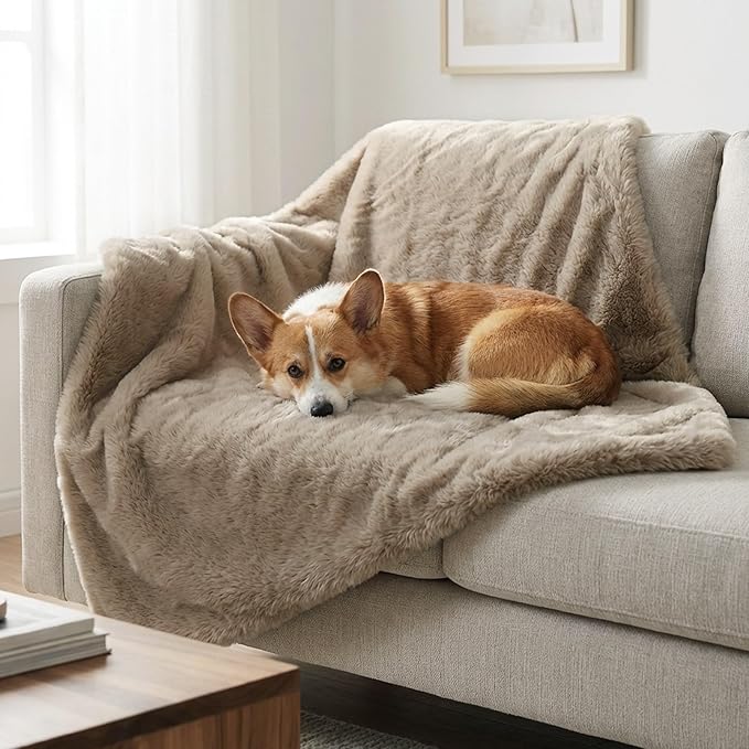 4 Cats & Dogs Pet Faux Fur Throw Blanket – Ultra Soft, Waterproof, Leakproof, Washable, Large (50"x60") Plush Pet Blanket for Couch, Bed, Sofa Protection – Luxurious, Cozy & Durable - Taupe