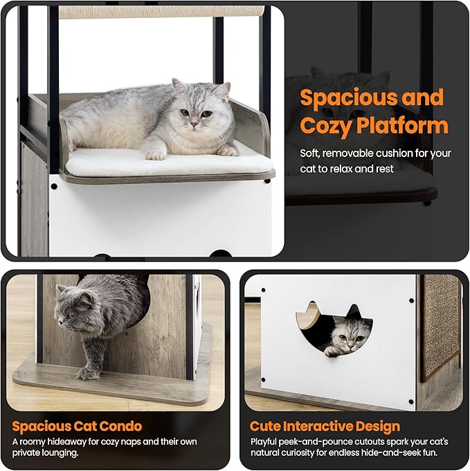 Wood Modern Cat Tree Tower for Indoor Large Cats,48-Inch Tall Wooden Cat Trees with Big Perch Bed, Multi-Level Condo with Scratching Board and Posts, Removable Pads, Cat Furniture, Greige