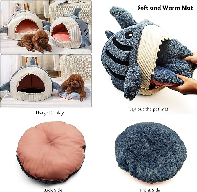 Tipmant Indoor Pet House Bed Cottage Mat for Cat Small Dog Puppy Teddy Cute Shark Shape Warm Soft (Medium, Pet Weight < 13.2 lb)