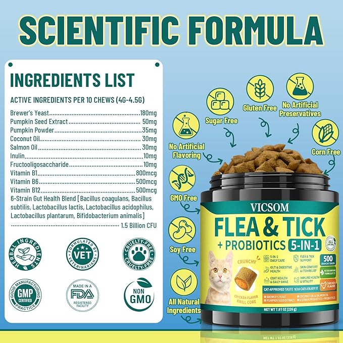 Flea and Tick Prevention for Cats, 500 Crunchy & Krill Chews with Probiotics for Cats, Cat Flea Chews with Gut & Digestive Support, Skin & Coat Support for All Breeds & Ages, Chicken Flavor