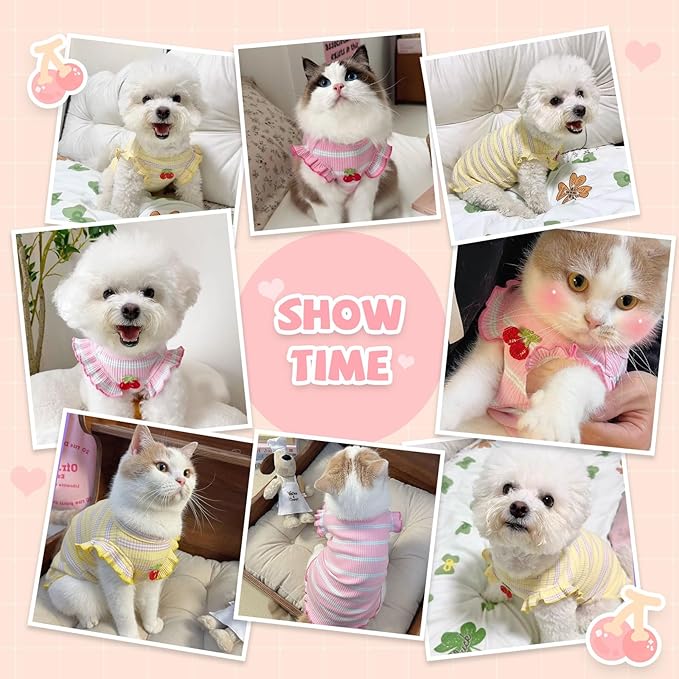 2 Pack Striped Small Dog T Shirt Cute Cherry Girl Dog Clothes for Small Dogs Cats Breatha ble Soft Cotton Pet Puppy Sleeveless Vest Spring Summer Pet Outfits（Pink+Yellow,Large）