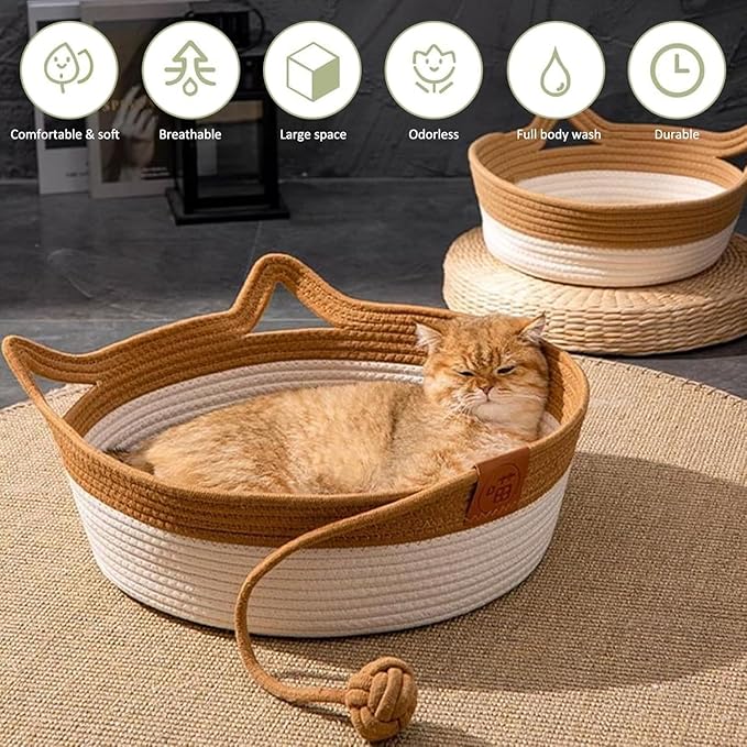 Handwoven Cotton Rope Cat Bed - Breathable & Easy to Clean, Foldable Scratchable Hammock with Cat Ear Design, with a Playing Ball for Kittens Brown