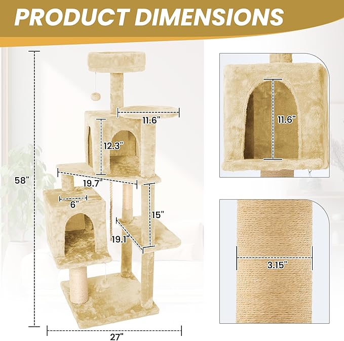 59in Large Cat Tree Tower for Indoor Cats with Soft Plush Hang Ball, Two Condos, Sisal Scratch Posts & Rope Play for Kittens/Adult Cats, New Beige