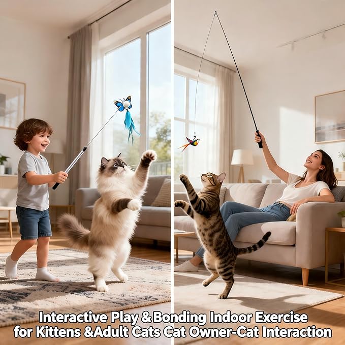 11PCS Feather Cat Toy Set, Interactive Cat Teaser Wand for Indoor Cats, 39in Cat Fishing Pole & 18.5in Telescopic Wand, 6 Feather Refills & 1 Bird Toy, Kitten Exercise Boredom Relief