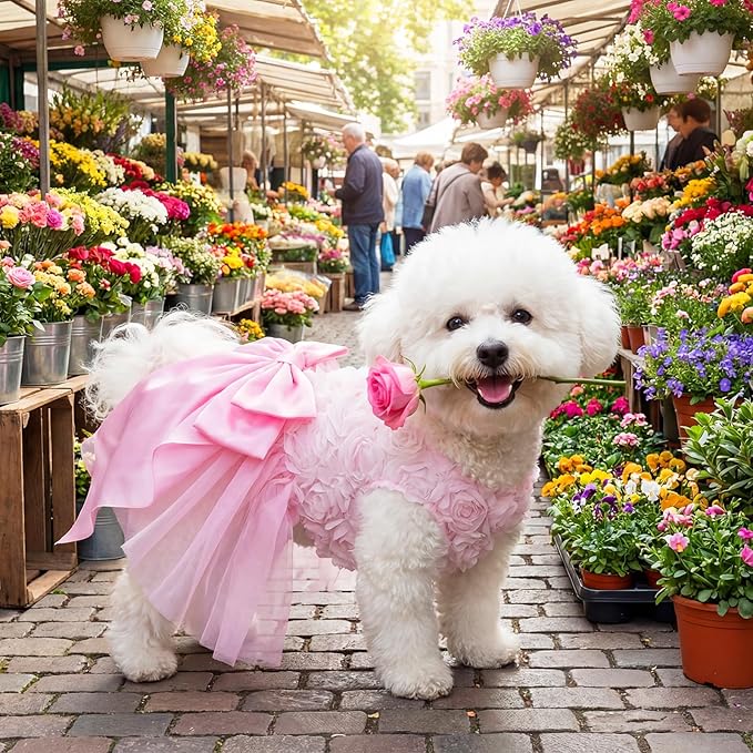 Valentine's Day Dog Dress Rose Tulle Tutu Skirt with Pink Bowknot for Small Dog Cat Valentine's Day Wedding Birthday Party Outfit