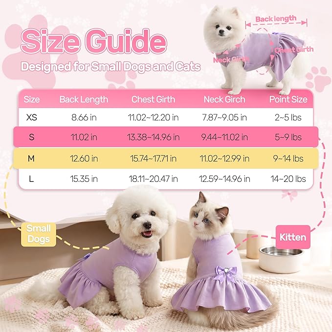 YUDODO Dog Dress Sleeveless Cat Dresses Breathable Dog Clothes for Small Dogs Girl Bowtie Puppy Dress with Cute Skirt Hem Lightweight Summer Dogs Dresses Soft & Does Not Pill Purple L