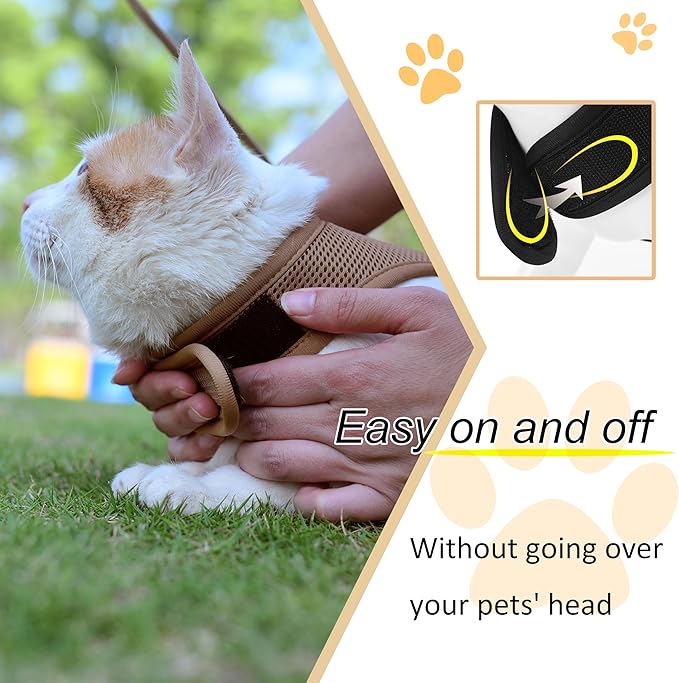 Cat Harness and Leash for Walking Escape Proof Breathable Mesh Fabric, Solid Brown, Extra Large, Adjustable Cat Walking Jackets with Handle, Padded Stylish Cat Vest