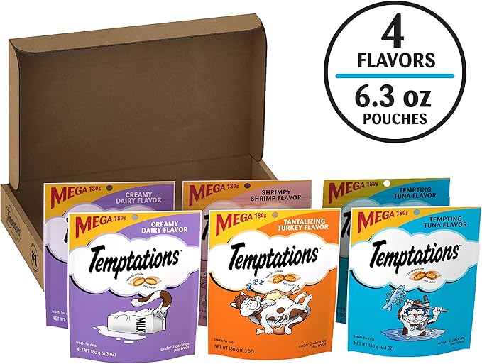 Temptations Cat Treats Classic Crunchy and Soft Cat Treats Variety Pack,6.3 oz. Pouches,(Pack of 12)