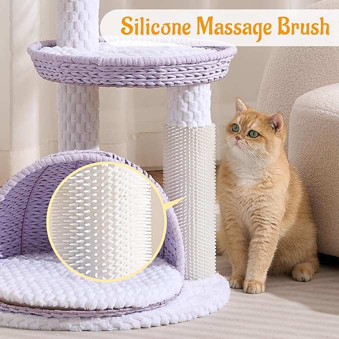 HITTITE Modern Cat Tree Tower with Scratching Post, 46 Inches Tall Cat Towers with Woven Cat Nests and Cave, Multi-Level Cat Tree With Removable Cushions and Massage Brush for Indoor Cats Large Adult.