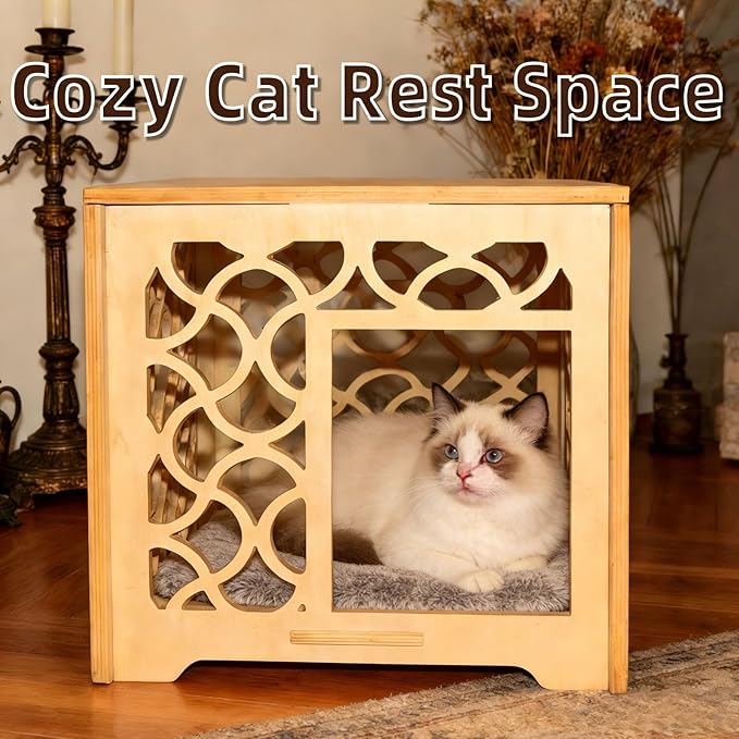 Vintage Carved Hollow Cube Cat House, Handmade Solid Wood Indoor Cat Shelter, Natural Wood Color, Easy to Assemble & Maintain, Elegant Decor for Small Cats Kittens