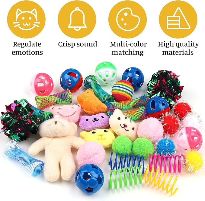 QUOZUO Kitten Toys - 38PCS Cat Play Set, Sparkle Balls, Plush Pom Pom Balls, Hanging Door Toy, Gift Box Styles