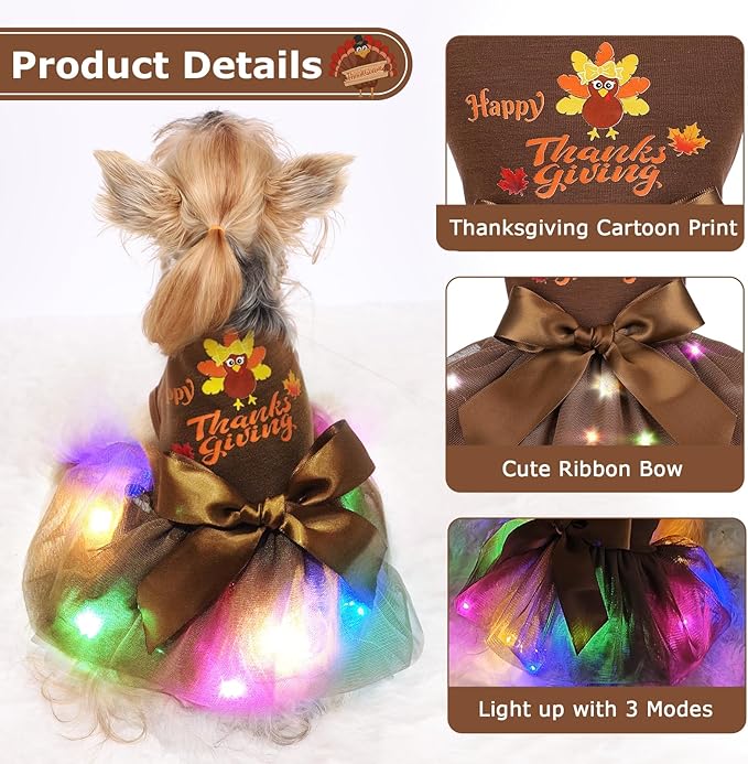 Dog Thanksgiving Outfit for Small Dogs Girl, Puppy Turkey Tulle Dress, LED Light Dog Clothes, Happy Holiday Lightweight Puppy Tutu Dress, Pet Costume Appeal, Brown, L