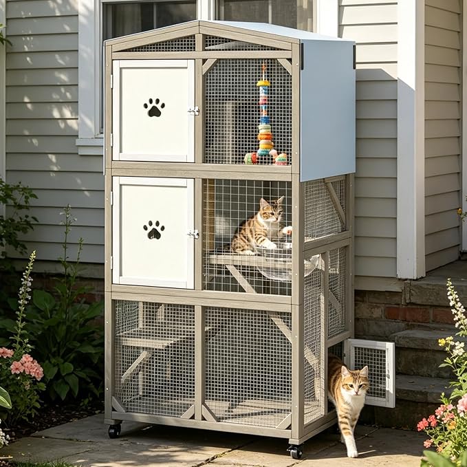 Ketive 66" H Large Catio Outdoor Cat Enclosure, Wooden Window Cat House with Wheels & 3 Platforms, Kitty Cage with Weatherproof Roof for Multiple Cats (Gray)