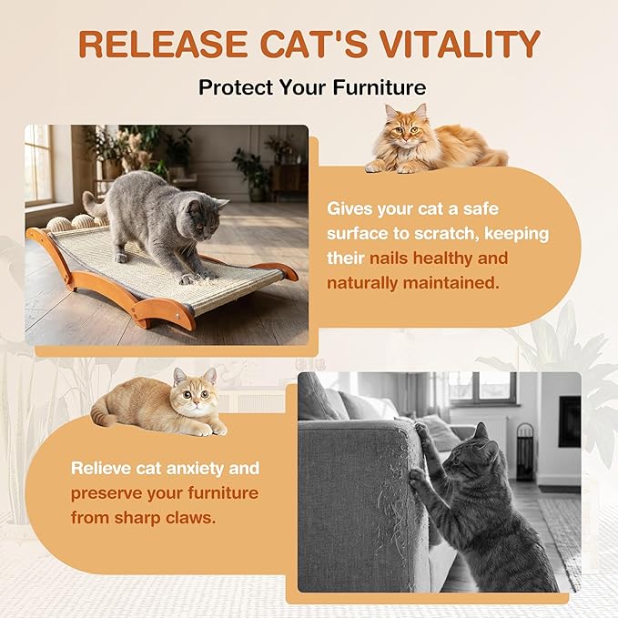 3-in-1 Extra-Large Cat Scratcher Bed with 3 Interactive Sisal Balls, Solid Wood Scratching Post Lounge with Toy, Sturdy Hammock for Large Cats to Sleep, Scratch & Play