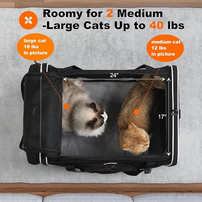 pidipiti 24 x 17 x17 Extra-Large Soft-Sided pet Carrier for 2 Cats / 1 Large cat, car Travel Kennel for Medium Dog,Long Distance Road Trip Transport cage with Litter Box.
