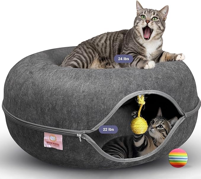 MeowMates Peekaboo Cat Cave Donut Bed for Multiple Cats Upto 45lbs, 3-in-1 Large Cat Tunnel & Donut Bed Combo w Round Tunnel Scratcher for Indoor Cats, Hanging Toy, Washable & Detachable - Dark Grey