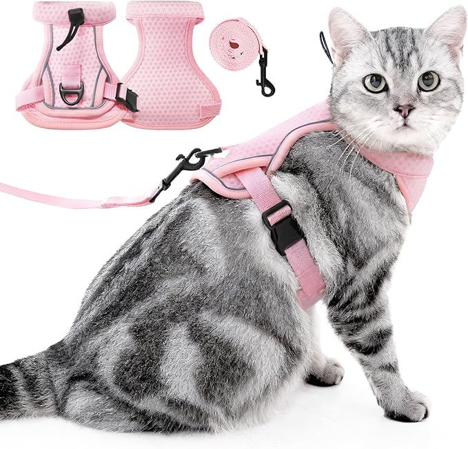 JOHNBOLIN Cat Harness and Leash Set - Escape Proof, Adjustable Breathable Vest Harnesses with Reflective Strips, Easy Control & Secure Walking for Small Medium Large Cats Kitten Collar (Pink, Small)