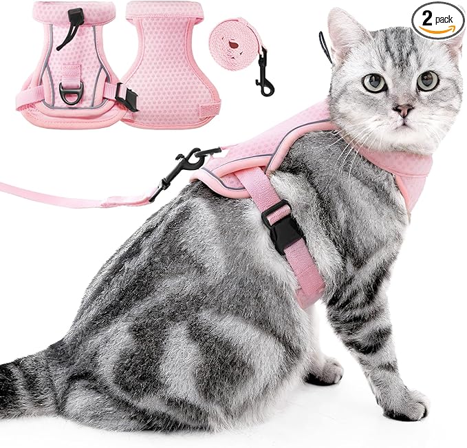 JOHNBOLIN Cat Harness and Leash Set - Escape Proof, Adjustable Breathable Vest Harnesses with Reflective Strips, Easy Control & Secure Walking for Small Medium Large Cats Kitten Collar (Pink, Medium)
