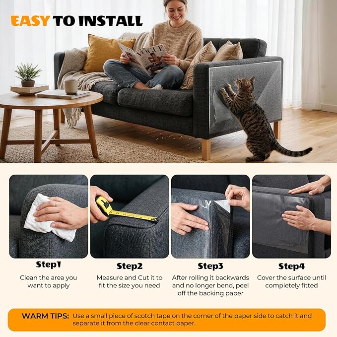 200" x 16.5" Anti Cat Scratch Furniture Protector, Single-Sided Sticky Couch Protector from Cats Claws, Couch Corner Guard Under Pet Claws, Thicken Viny Flexible Scratch Deterrent Tape