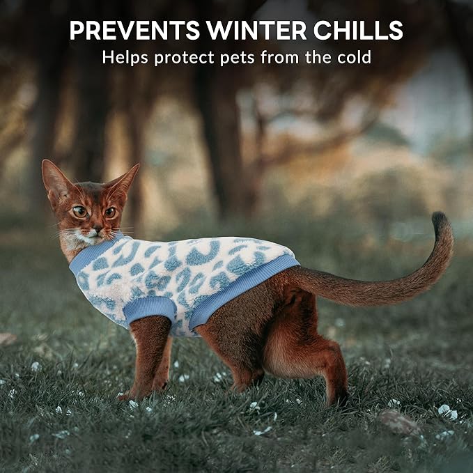 PUMYPOREITY Winter Warm Cat Sweater - Super Soft & Elastic Knit with Plush Fleece, Easy-On Design with Ribbed Neck & Cuffs, Stretchy Cat Outfit for Indoor/Outdoor Use,Blue, S