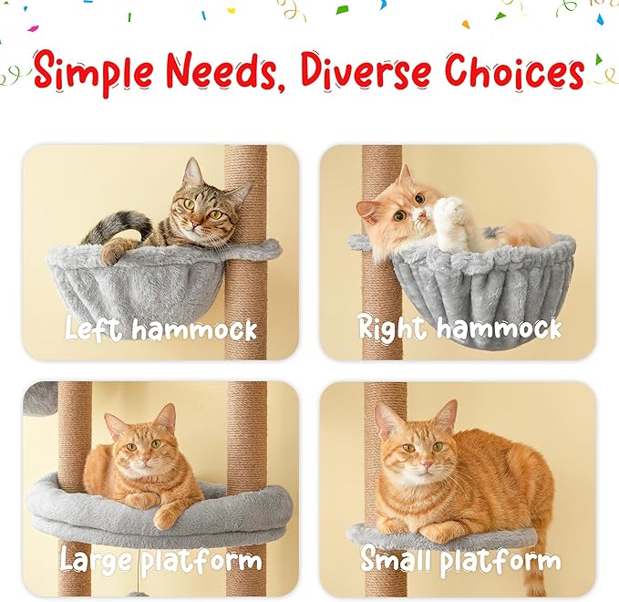 Cat Tree, Floor to Ceiling Cat Tower Adjustable Height [92.9-102.4in=235-258cm], 7 Tiers Cat Climbing Play House with Fully Sisal Scratching Post,Cozy Condo&Hammocks for Indoor Cats,Light Grey