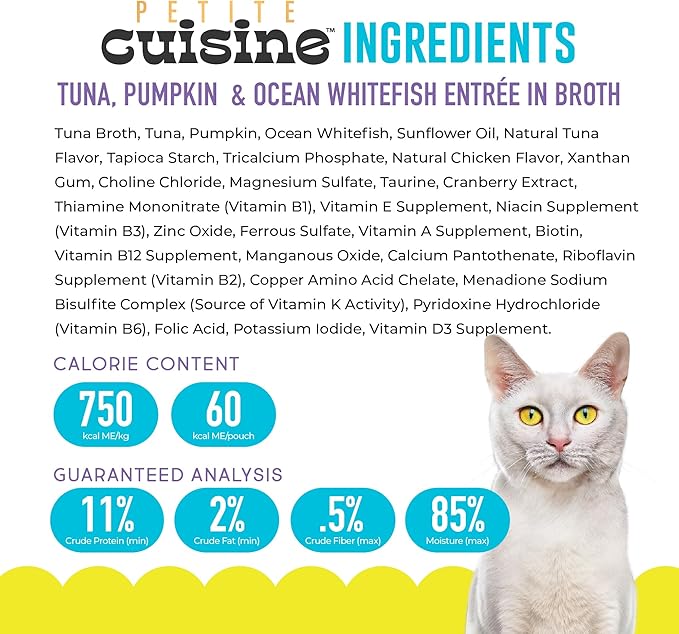 PETITE CUISINE Whole Foods Wet Cat Food, Tuna, Pumpkin & Ocean Whitefish Entree in Broth, 2.8 oz. Can (24 Count)