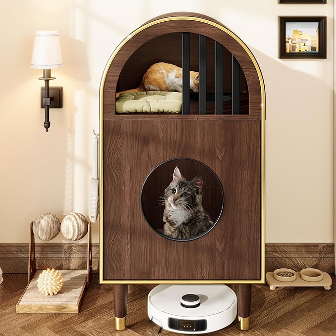 Cat Litter Box Enclosure, 2-in-1 Wooden Condo Cat Bed, Cat Shelter Furniture with Two-Level Cozy Haven for 2 Cats, Cute Kitty Condo for Sleeping, Luxury Cat House& Furniture, Espresso
